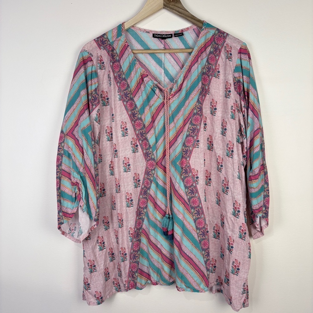Tolani Collection Pink Blue Modal Floral Mixed Print Tunic Boho Artsy